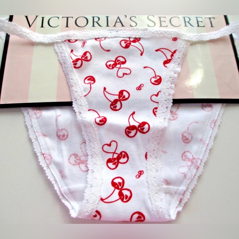 VICTORIA'S SECRET PINK Wink Cotton String Bikini Panty White Red Cherry